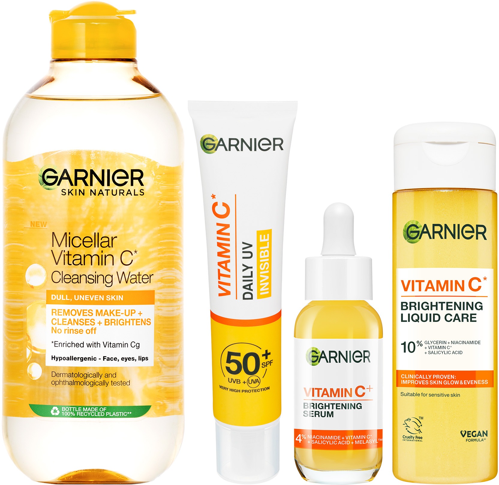 GARNIER Vitamin C esencia 120 ml + Cleansing Water 400 ml + sérum 30 ml + UV fluid SPF 50+ 40 ml
