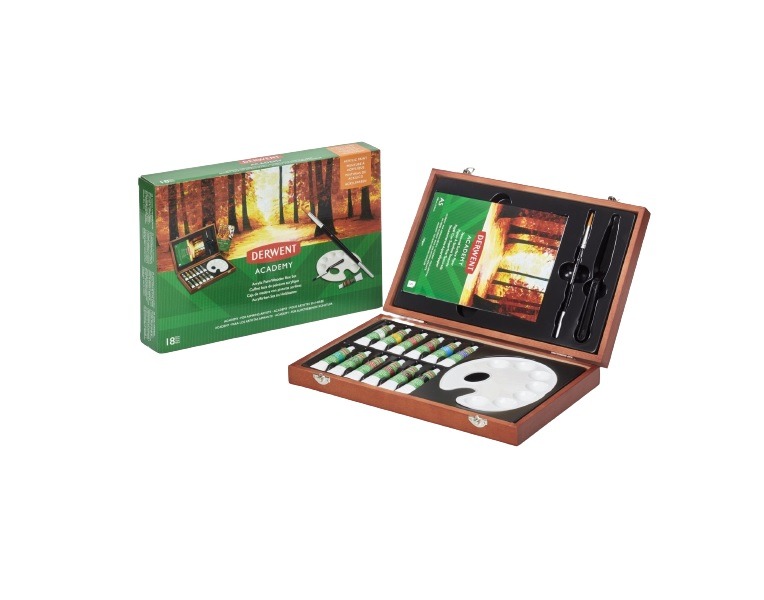 DERWENT Academy Acrylic Paints Wooden Box Set, drevený darčekový kufrík 12 ks