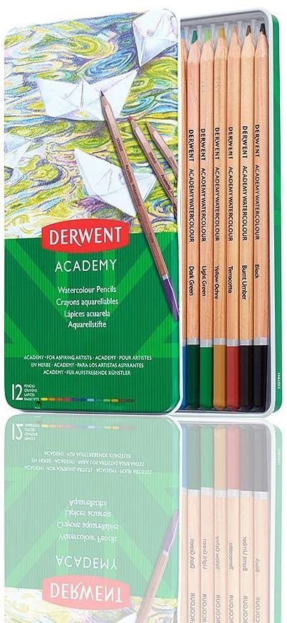 DERWENT Academy Watercolour Pencils Tin v plechovej škatuľke, šesťhranné, 12 farieb