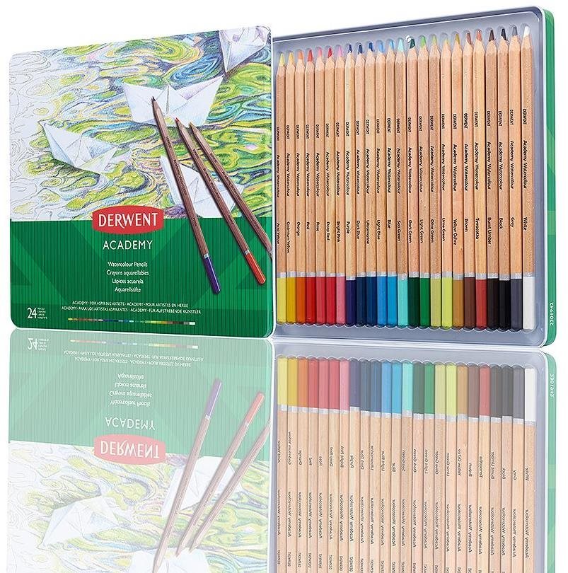 DERWENT Academy Watercolour Pencils Tin v plechovej krabičke, šesťhranné, 24 farieb