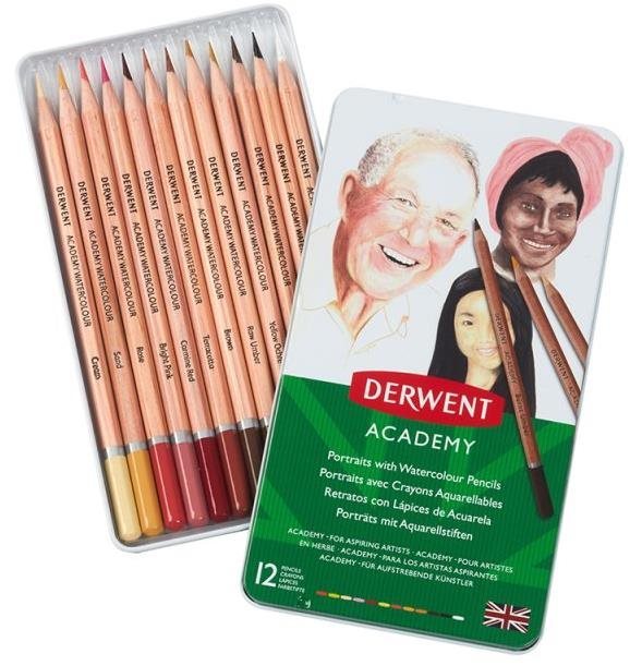 DERWENT Academy Watercolour Pencils Skintones v plechovej krabičke, šesťhranné, 12 farieb