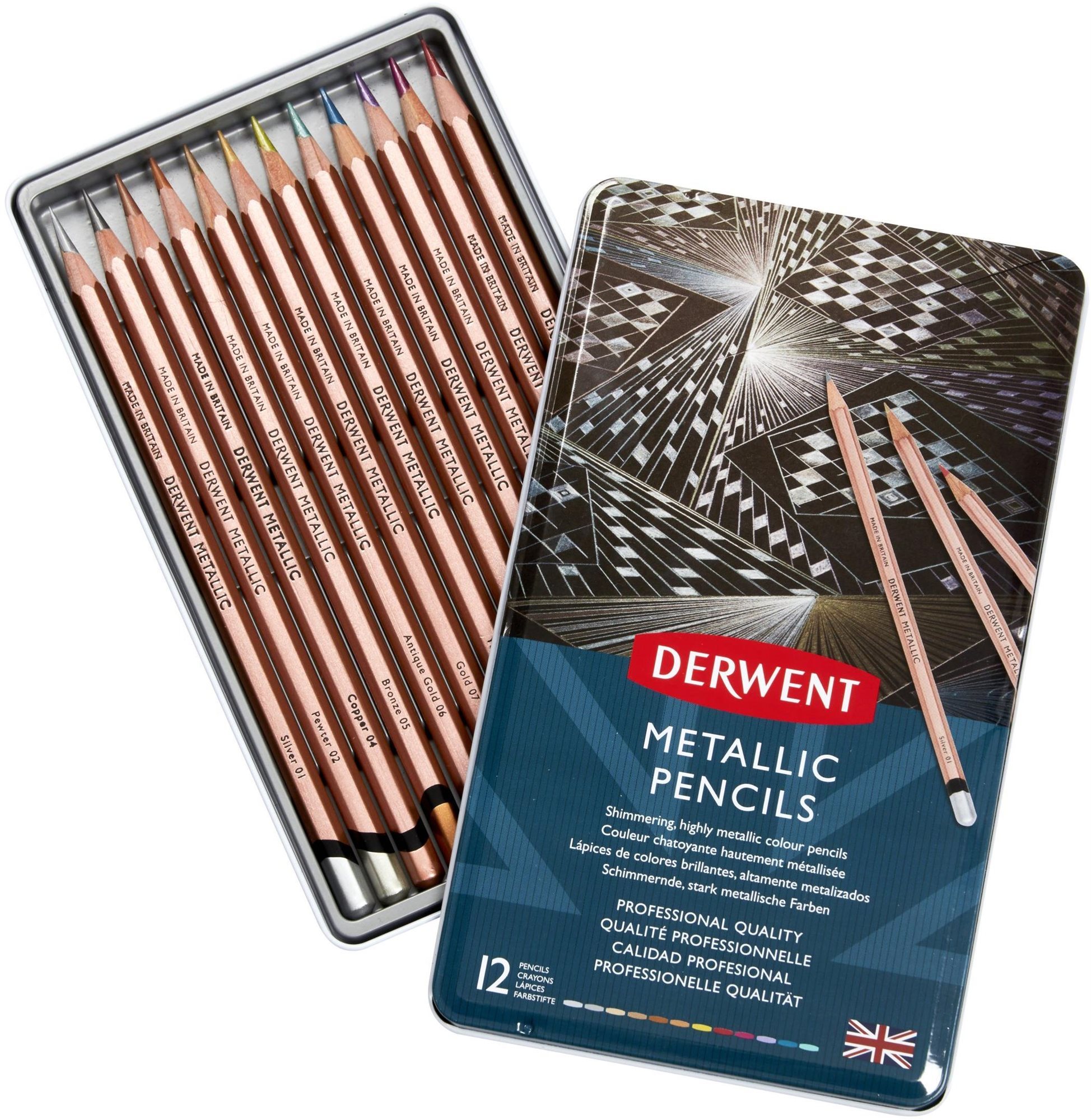DERWENT Proffesional Metallic Pencils v plechovej krabičke, šesťhranné, 12 farieb