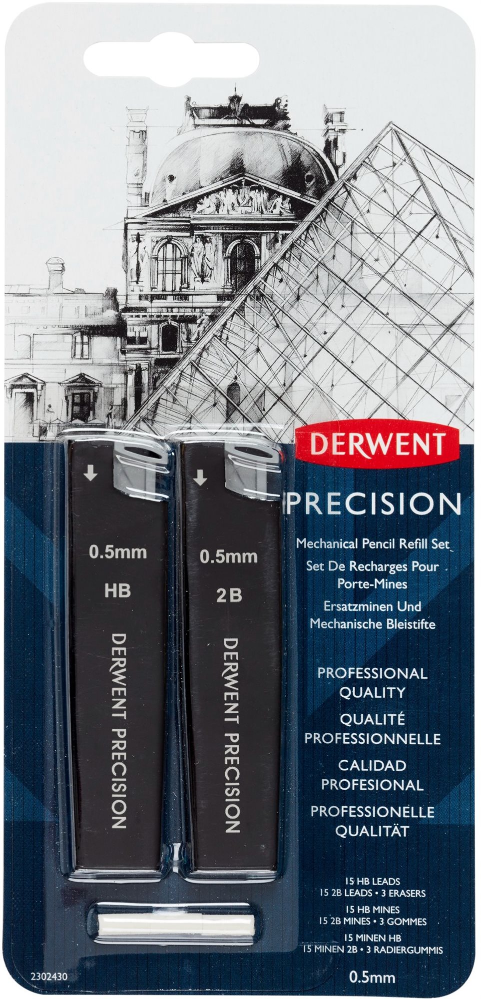 DERWENT Precision Mechanical Pencil Refill Set 0,5 mm HB a 2B, 30 túh v balení + 3 gumy
