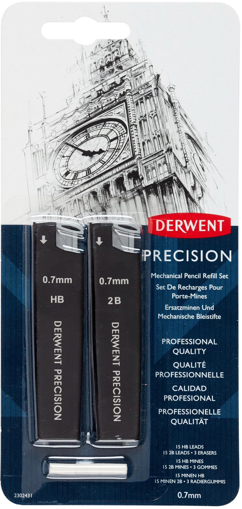 DERWENT Precision Mechanical Pencil Refill Set 0.7 mm HB a 2B, 30 túh v balení + 3 gumy
