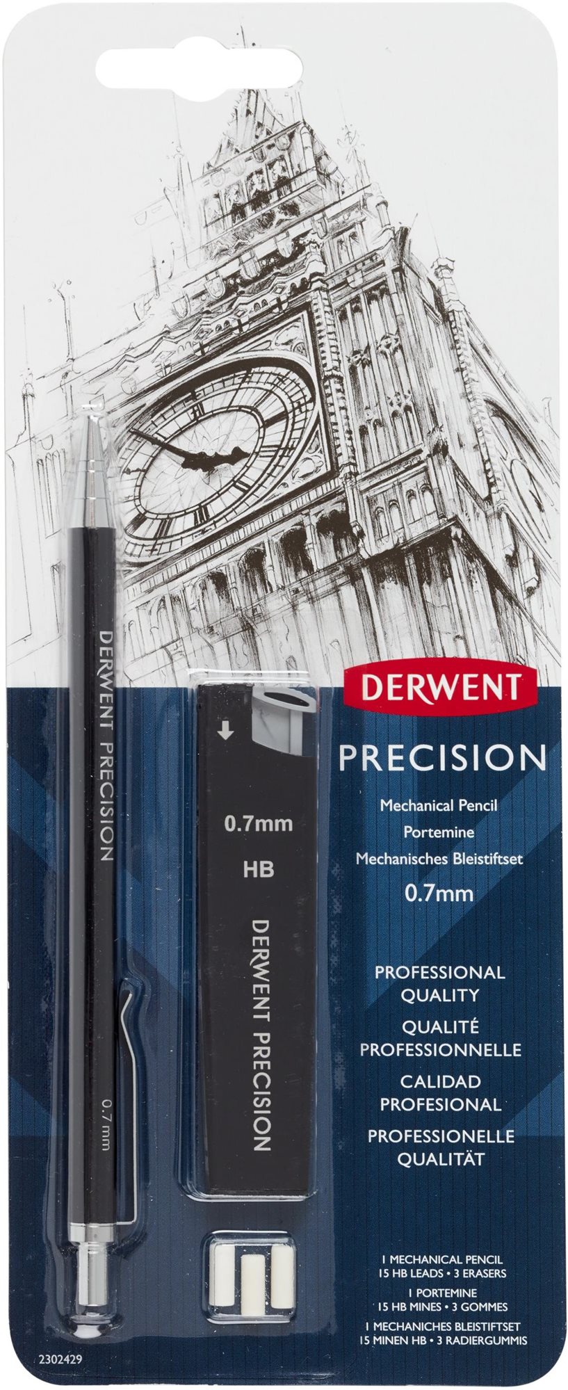 DERWENT Precision Mechanical Pencil Sada 0,7 mm HB, 15 túh v balení + 3 gumy