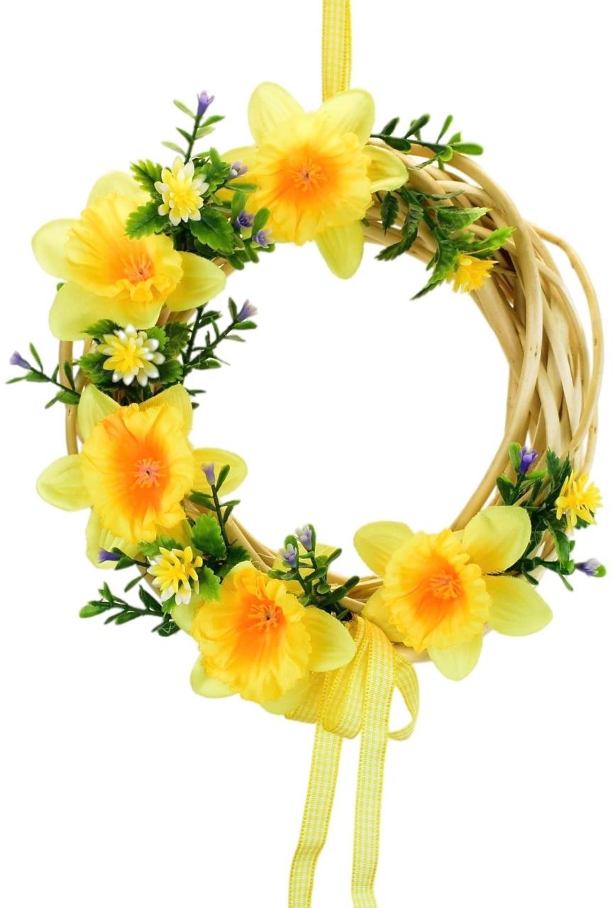 BerryHome Veľkonočná dekorácia – Prútený venček s narcismi, žltý, 20 cm