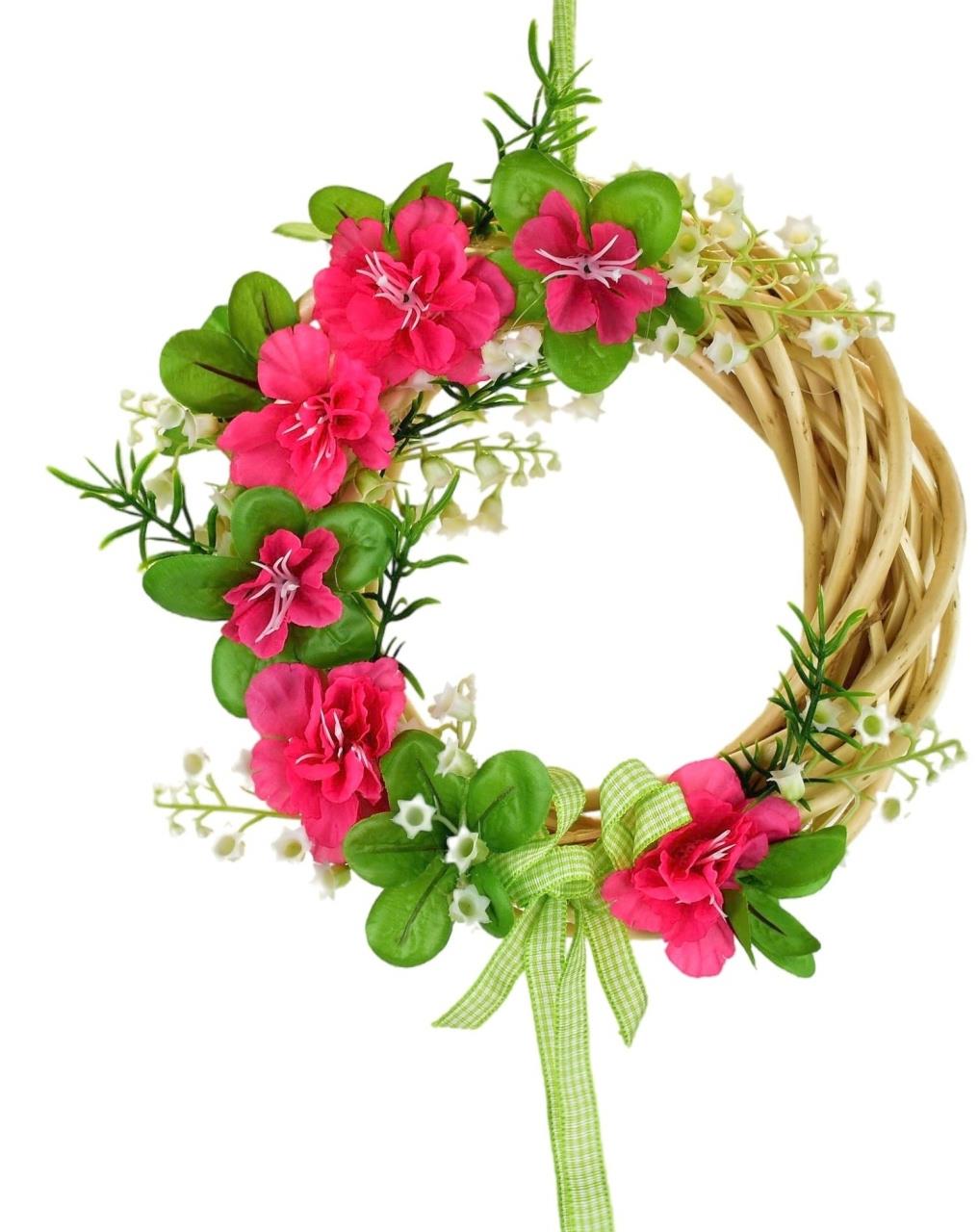 BerryHome Veľkonočná dekorácia – Prútený venček s azalkami, zelený, 20 cm