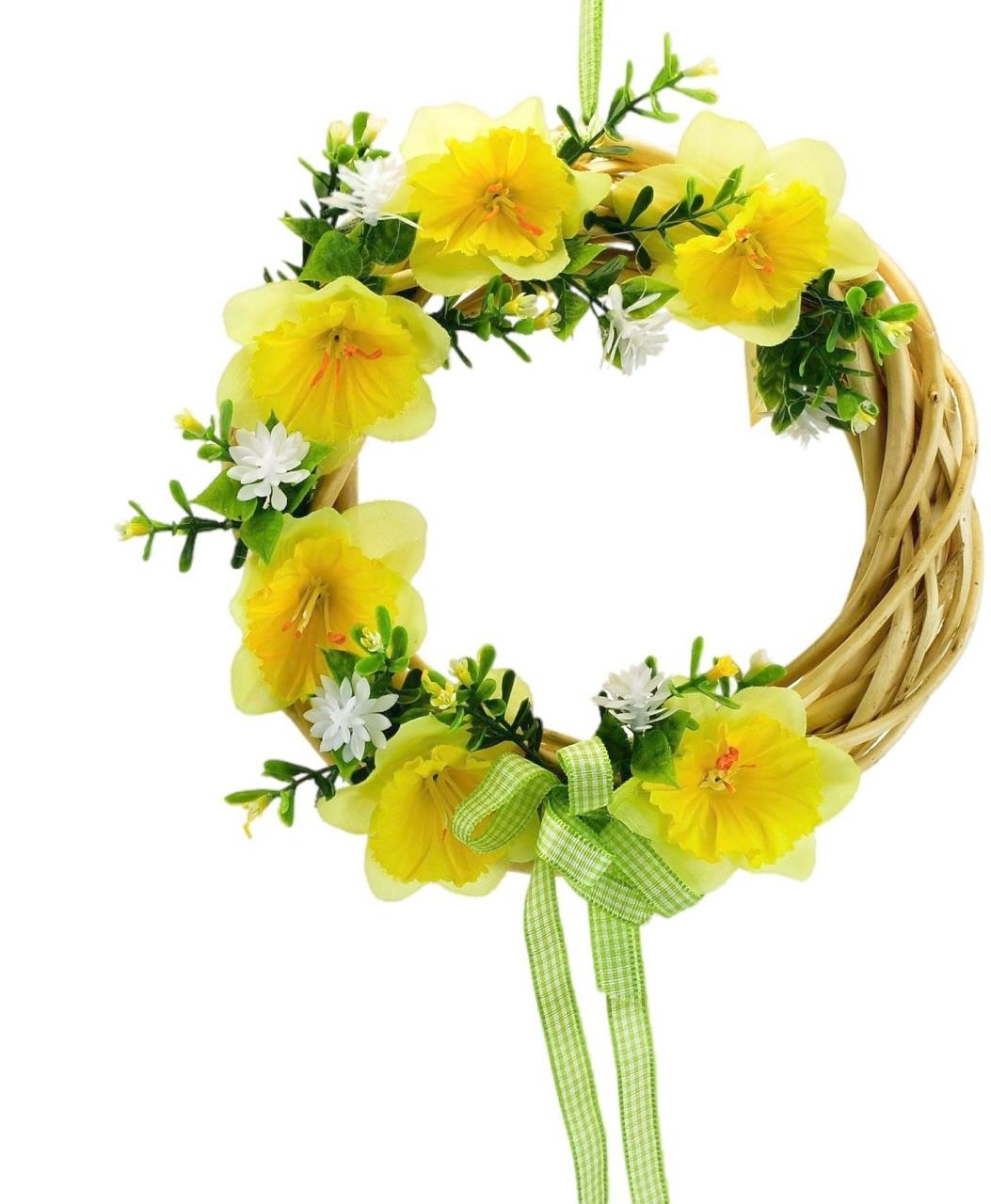 BerryHome Veľkonočná dekorácia – Prútený venček s narcismi, zelený, 20 cm