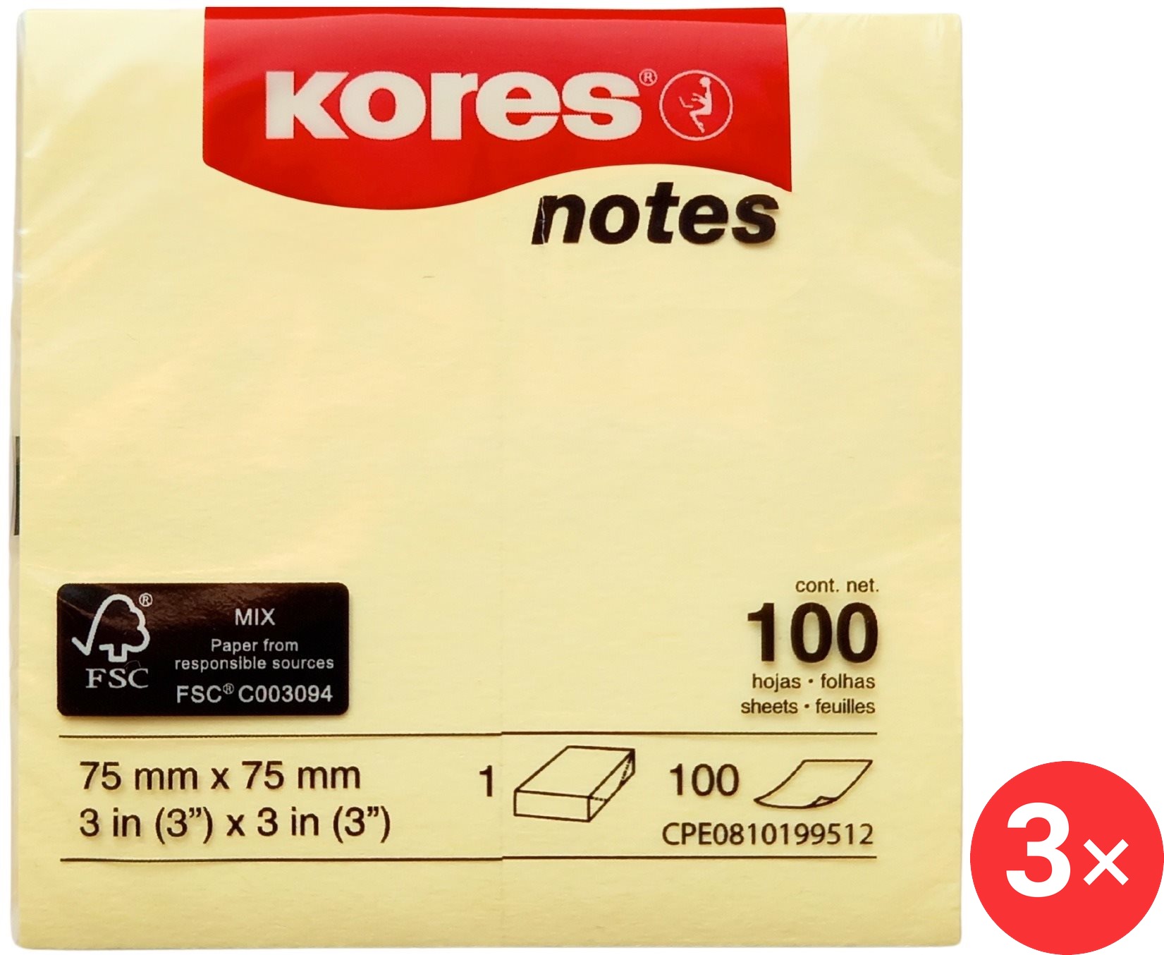 KORES 75 × 75 mm, 100 lístkov, žltý – balenie 3 ks