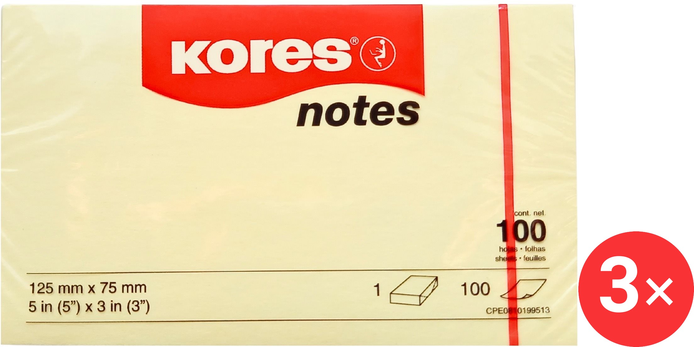 KORES 125 × 75 mm, 100 lístkov, žltý – balenie 3 ks