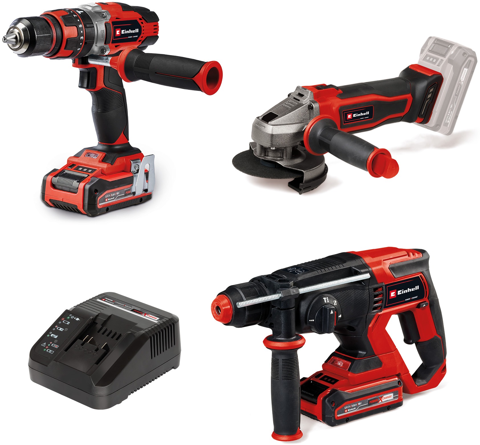 EINHELL Súprava náradia AKU TE-TK 18/3 Li (uhlová brúska, vŕtačka, kladivo, 2× 3,0 Ah), 4257242