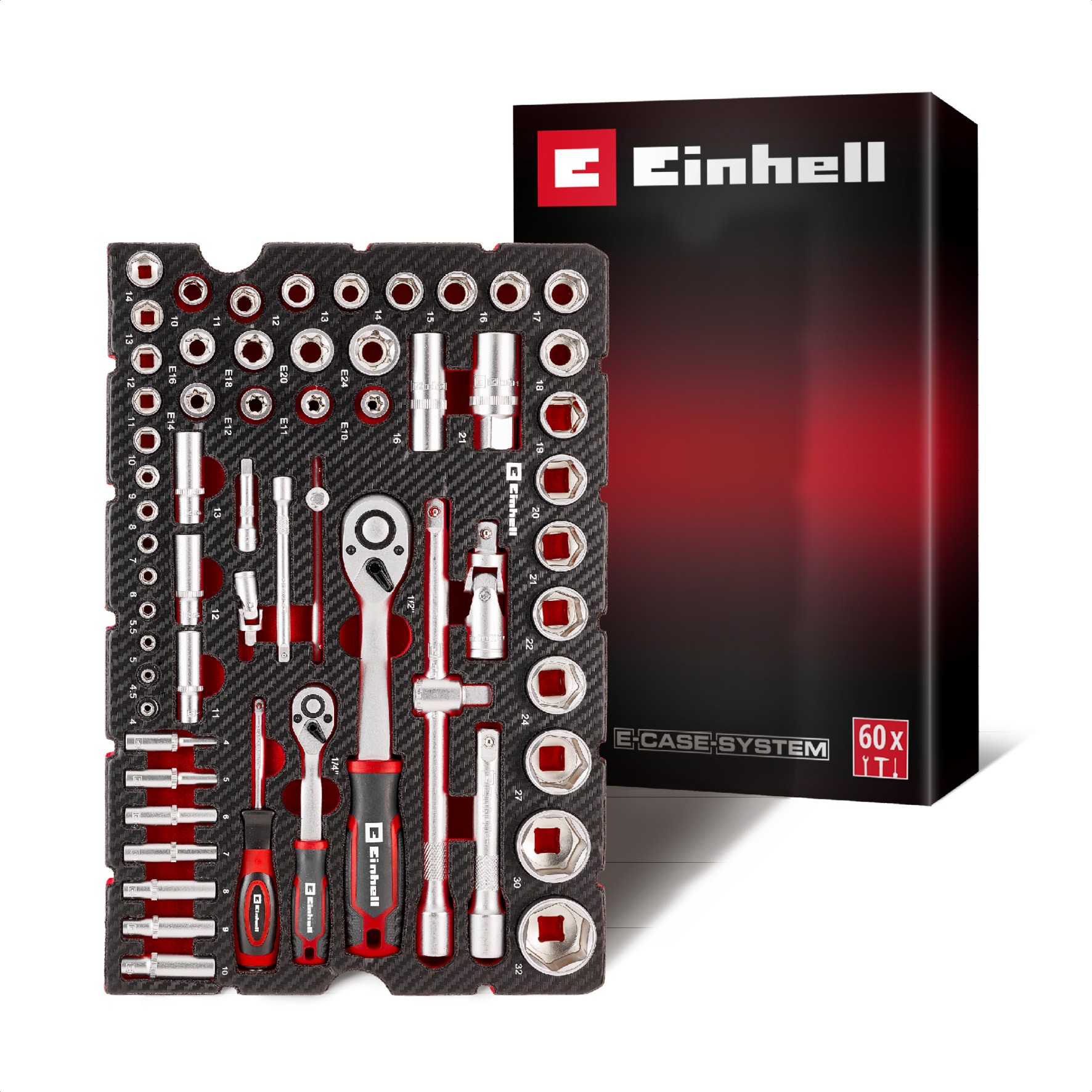 EINHELL E-Case Vložka do kufrov – Sada nástrčných kľúčov a račien 60 ks, 49370520