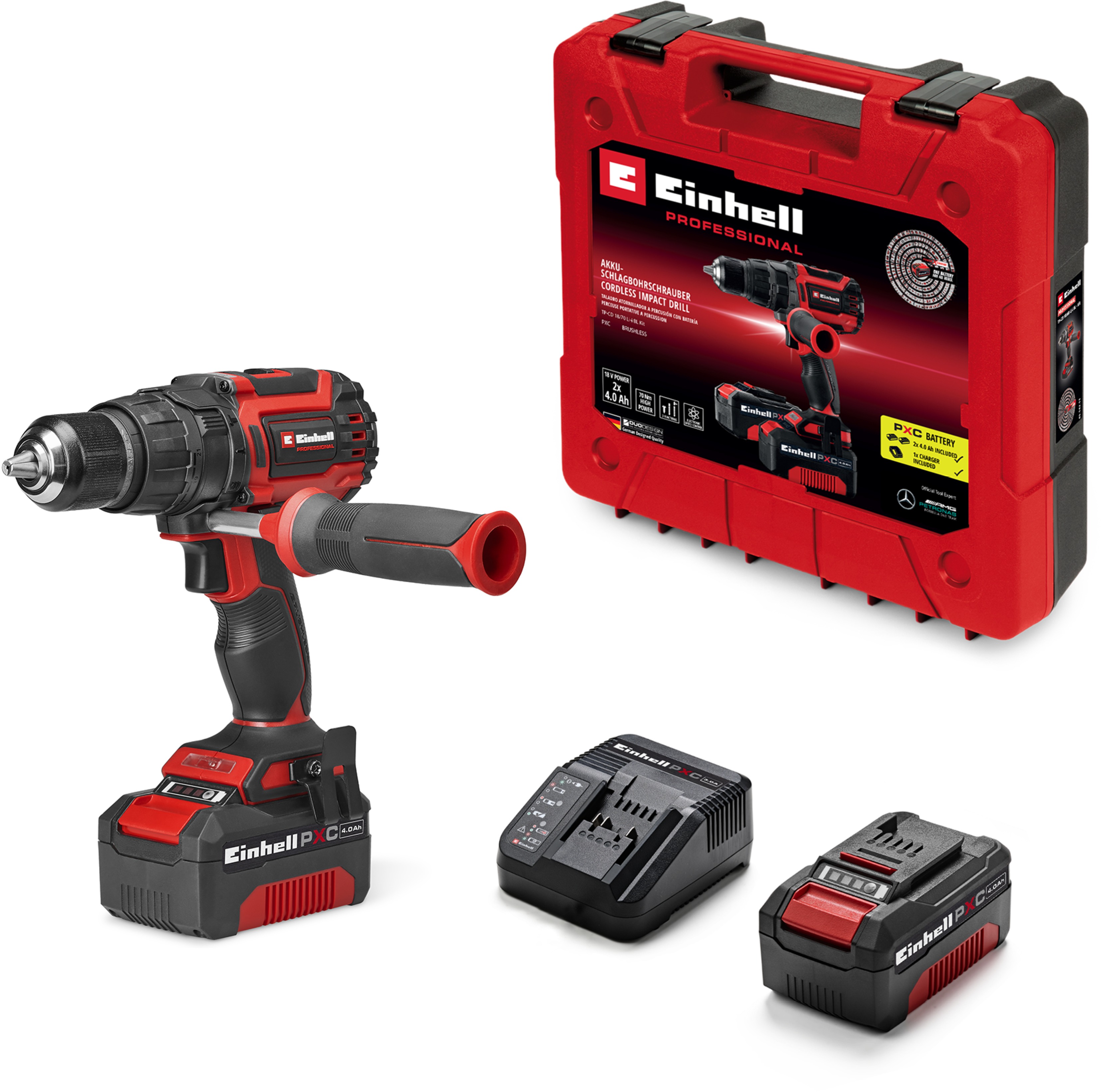 EINHELL Professional Vŕtačka s príklepom AKU TP-CD 18/70 Li-i BL Kit (2× 4,0 Ah), 4514236