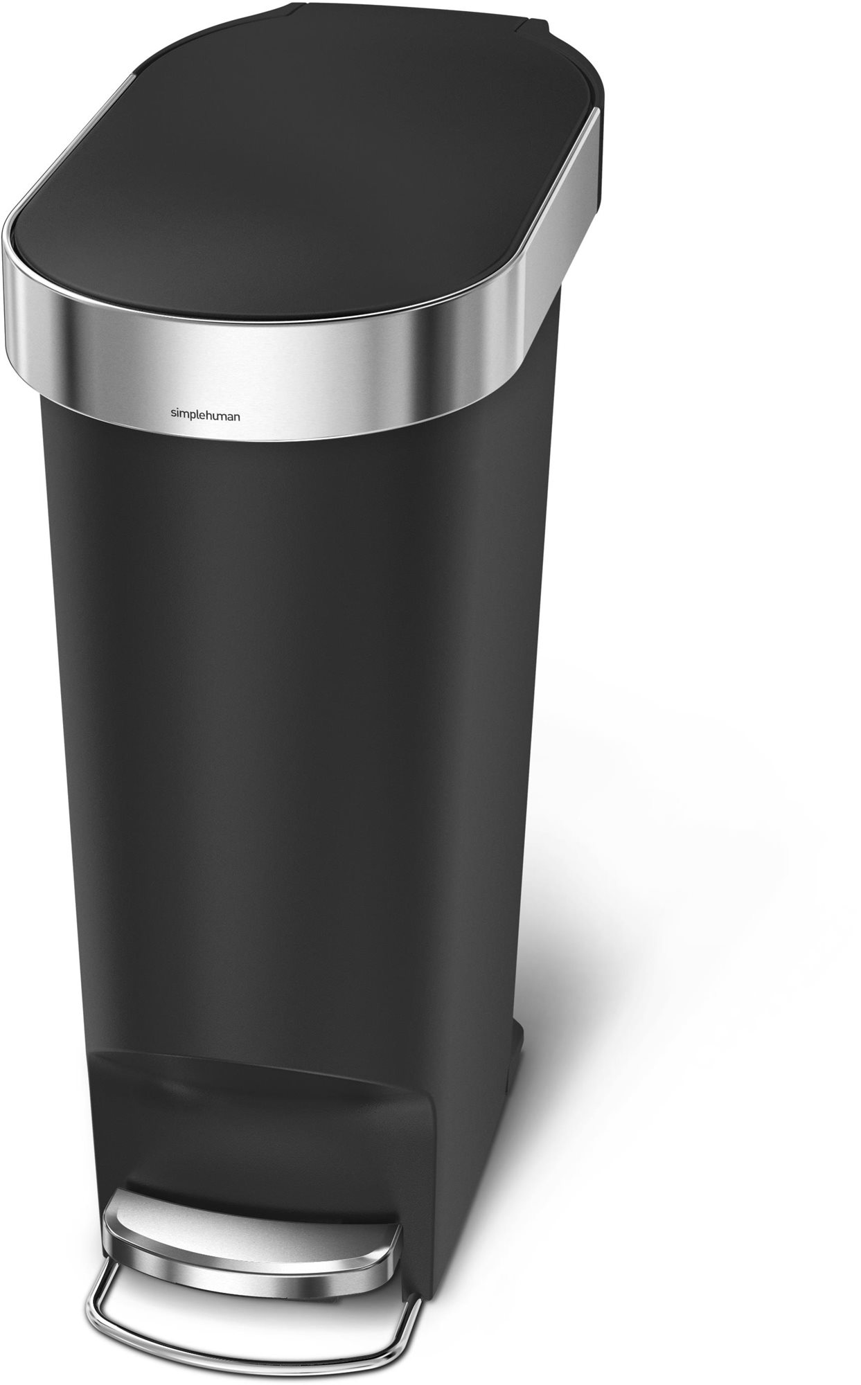 Simplehuman pedálový odpadkový kôš, 40 l, čierny plast, úzky, oválny, s antikorovým krytom vrecka