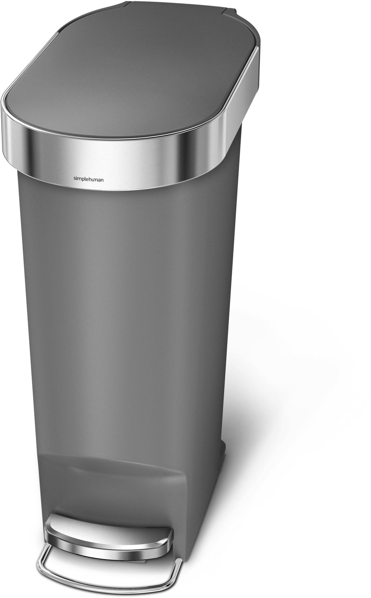 Simplehuman pedálový odpadkový kôš, 40 l, sivý plast, úzky, oválny, s antikorovým krytom vrecka