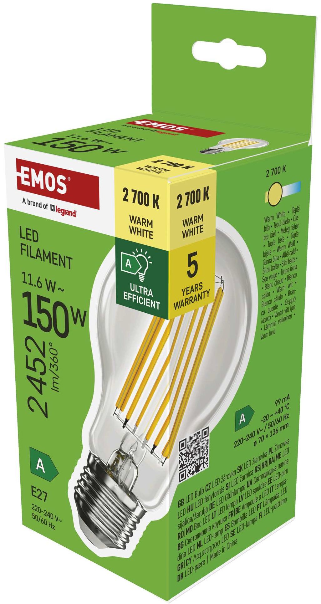 EMOS Filament A70, E27, 11,6 W, 150 W, 2 452 lm, teplá bílá, A CLASS