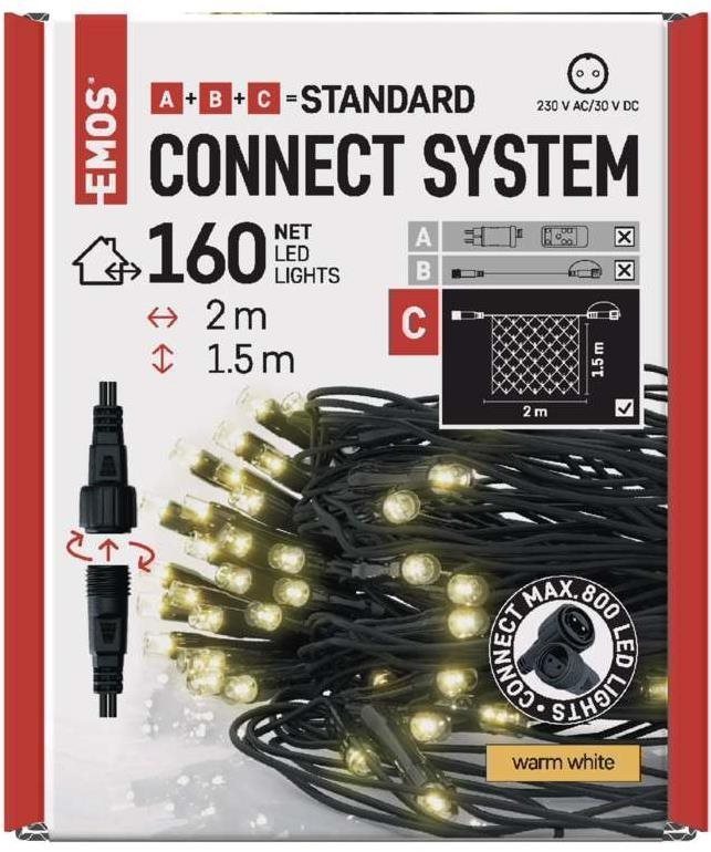 EMOS Štandard LED spojovacia vianočná reťaz – sieť, 1,5 × 2 m, vonkajšia, teplá biela
