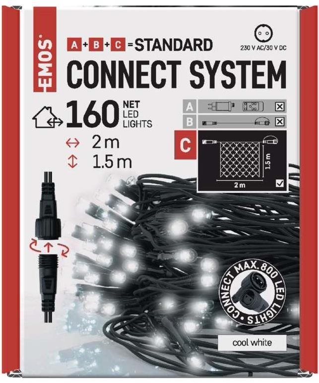 EMOS Standard LED spojovacia vianočná reťaz – sieť, 1,5 × 2 m, vonkajšia, studená biela