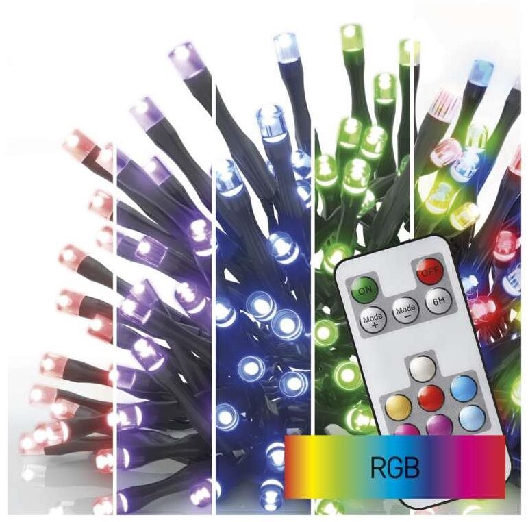 EMOS LED vianočná reťaz, 12 m, vonkajšia a vnútorná, RGB, ovládač, programy, časovač