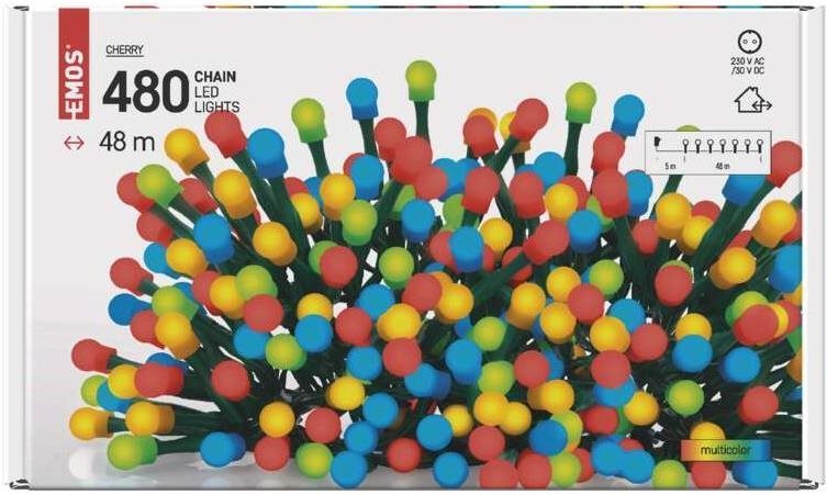 EMOS LED vianočná cherry reťaz – guľôčky, 48 m, vonkajšia a vnútorná, multicolor, časovač