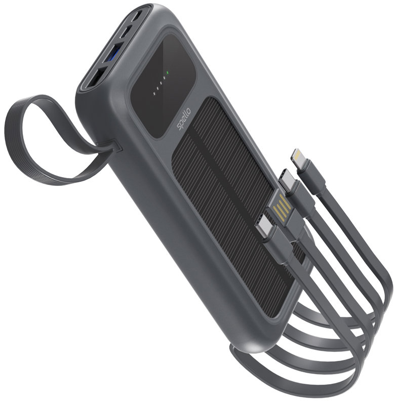 Spello ForcePack 5in1 10000mAh solární powerbanka se 4 integrovanými kabely SP15 - šedá