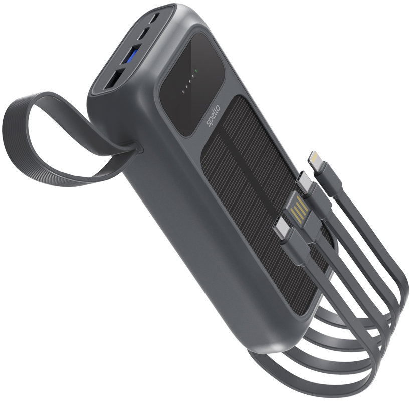 Spello ForcePack 5in1 20000mAh solární powerbanka se 4 integrovanými kabely SP25 - šedá