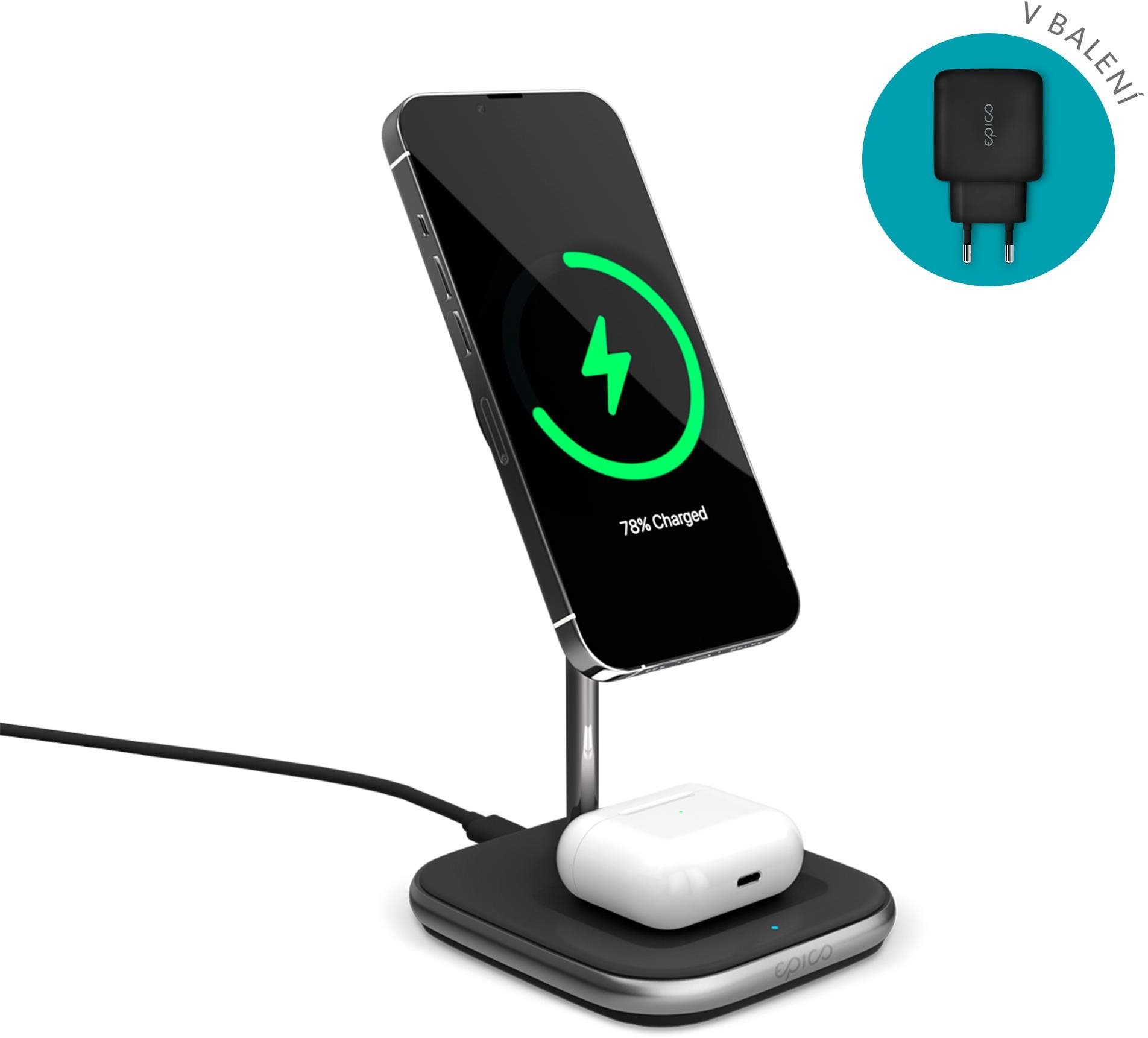 Epico 2in1 bezdrôtová nabíjačka Made for MagSafe s adaptérom v balení – čierna