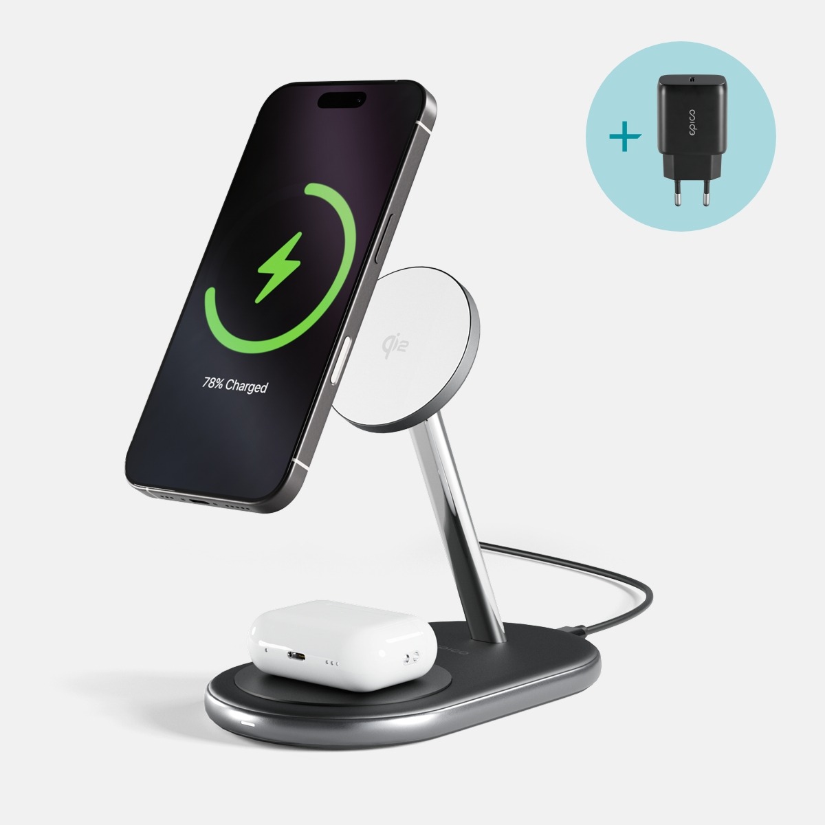 Epico UltraBase Qi2 2in1 Mag+ bezdrôtový nabíjací stojan EX40 – čierna