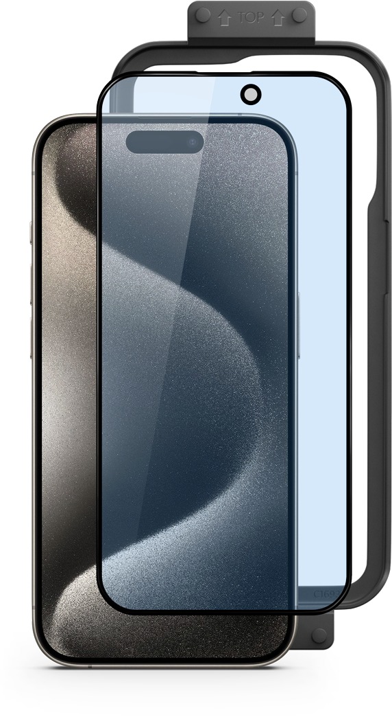 Epico 3D+ ochranné sklo s filtrom proti modrému svetlu na iPhone 15 Plus – s inštalačným rámčekom