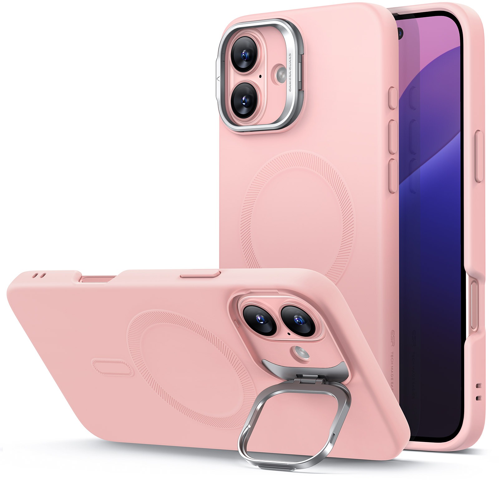 ESR Cloud Soft Case with Stash Stand (HaloLock), Compatible with iPhone 16 Plus, Pink