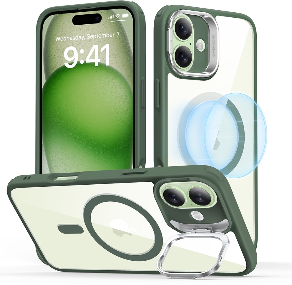 ESR Classic Hybrid Case with Stash Stand (HaloLock), Compatible with iPhone 16 Plus, Clear Green