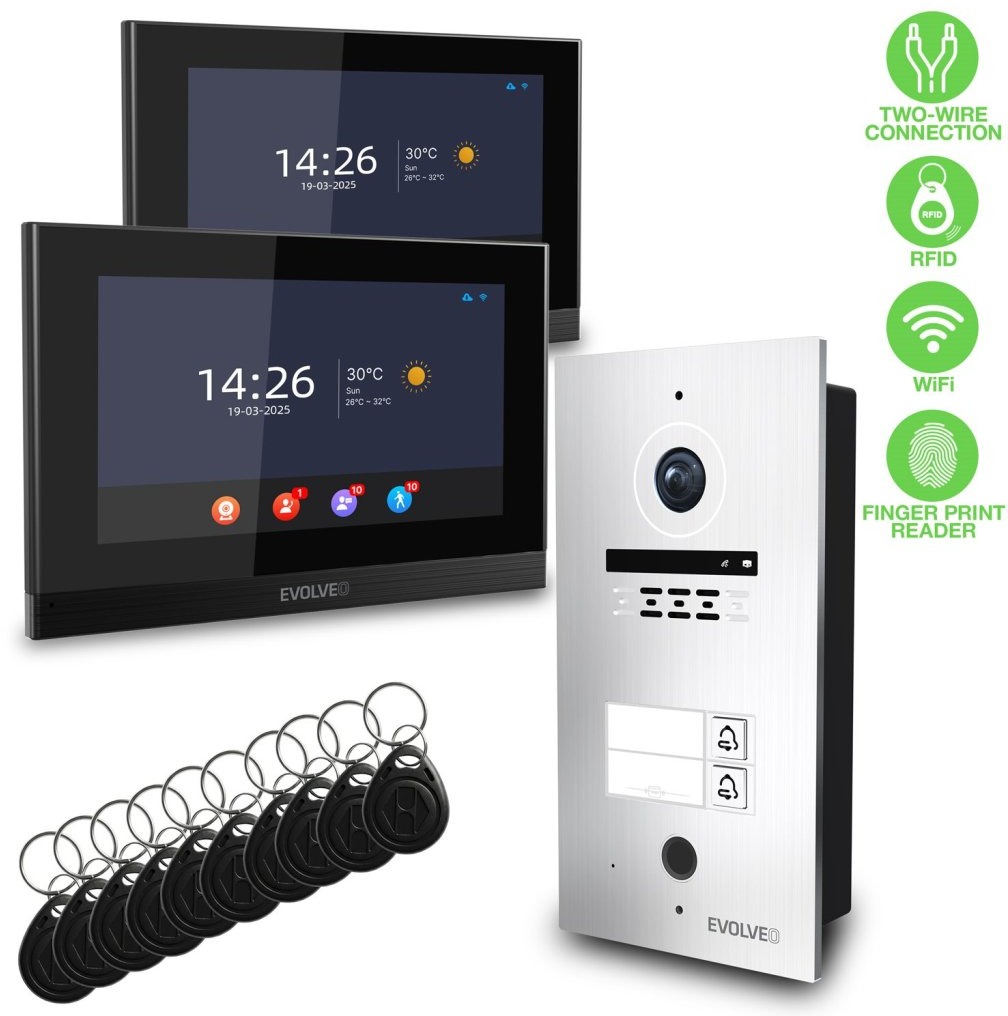 EVOLVEO DoorPhone ID-2, 2-drôtový pre 2 byty s RFID, odtlačkom prsta a podporou ONVIF kamier