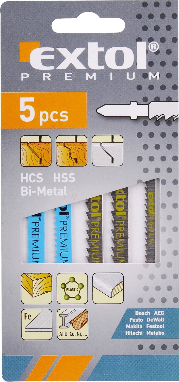 EXTOL PREMIUM plátky do priamočiarej píly – mix, sada 5 ks, Bi-metal, HSS, HCS, 8805100