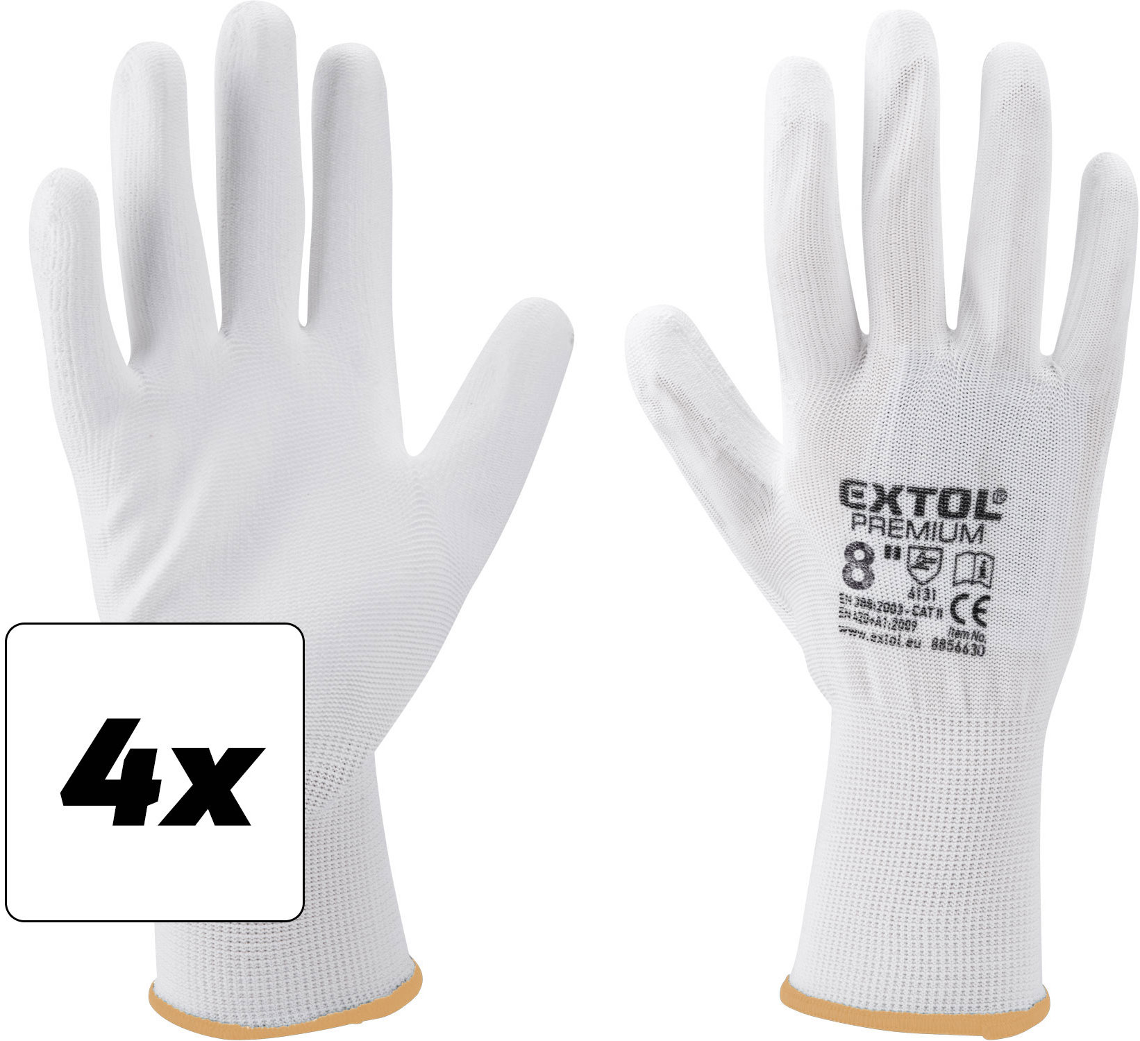 EXTOL PREMIUM Rukavice z polyesteru polomáčané v PU, biele, veľkosť 8", sada 4 ks