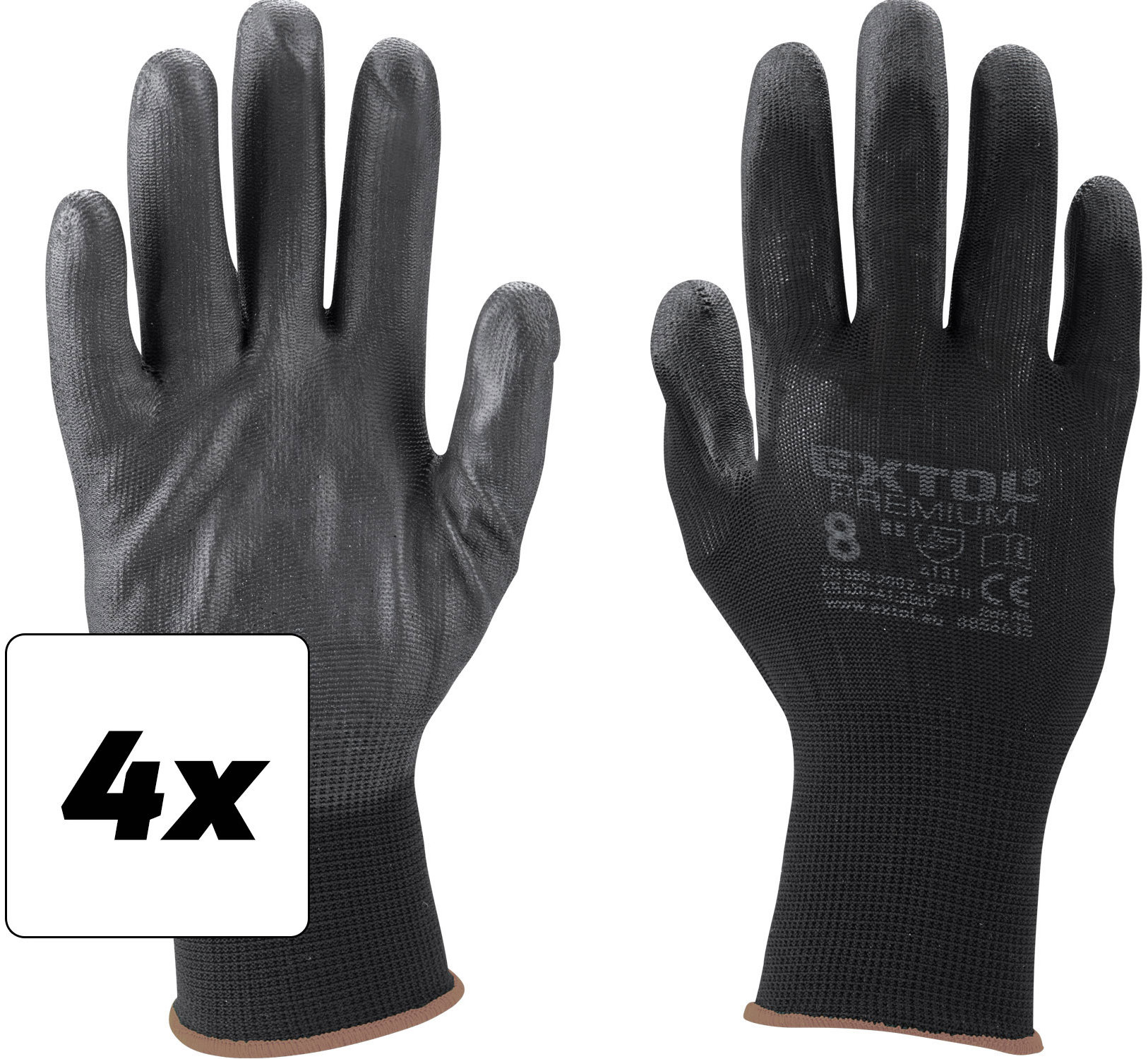 EXTOL PREMIUM Rukavice z polyesteru polomáčané v PU, čierne, veľkosť 8", sada 4 ks