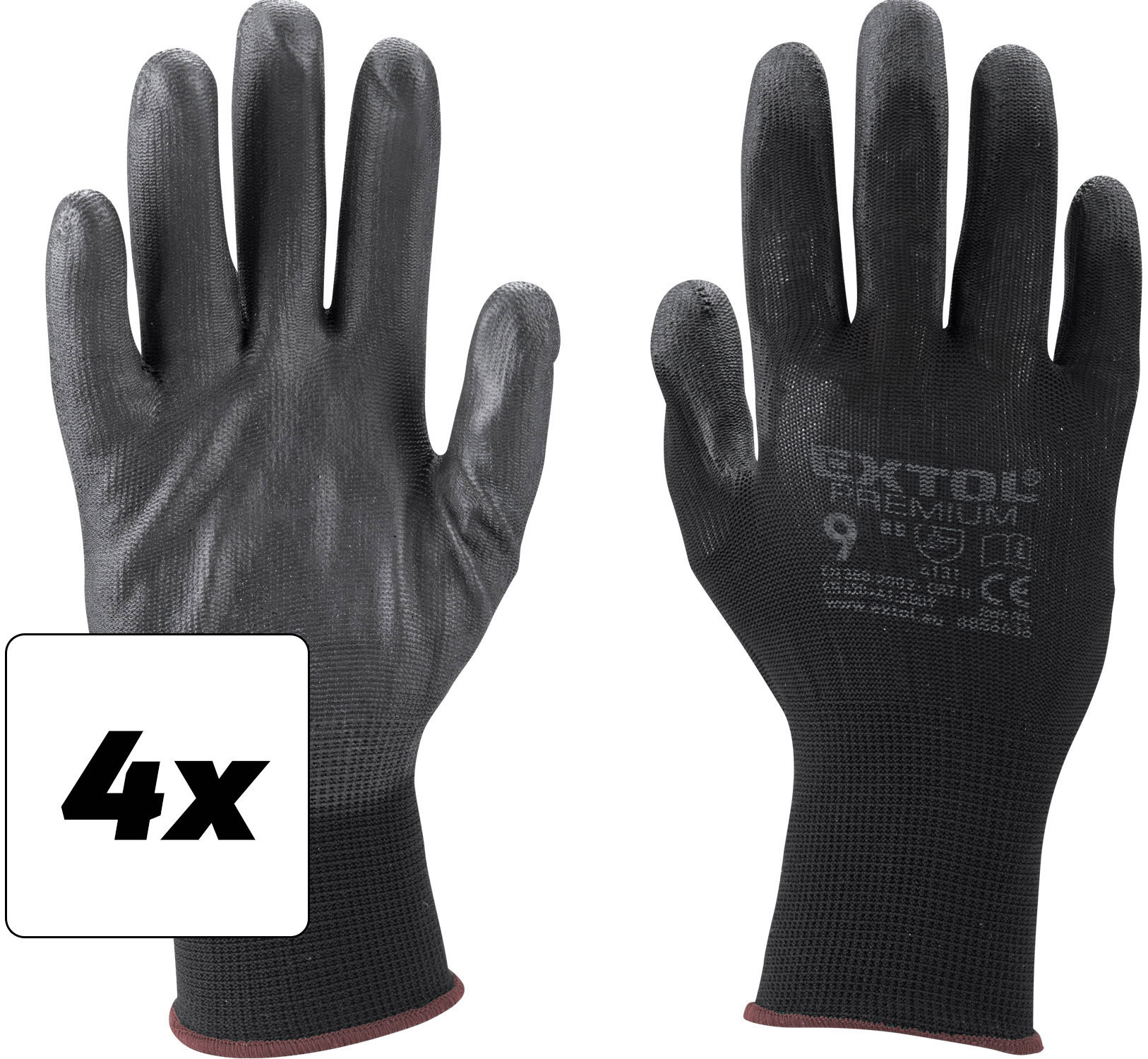 EXTOL PREMIUM Rukavice z polyesteru polomáčané v PU, čierne, veľkosť 9", sada 4 ks