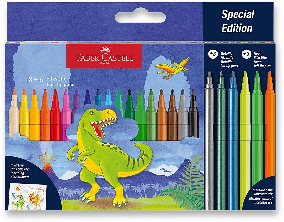 FABER-CASTELL Dinosaurus, okrúhle, 24 farieb vrátane metalických a neónových