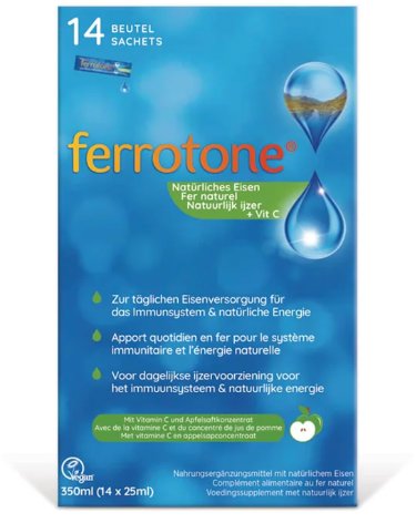 Ferrotone s vitamínom C 100 % prírodný zdroj železa vrecká 14 × 20 ml