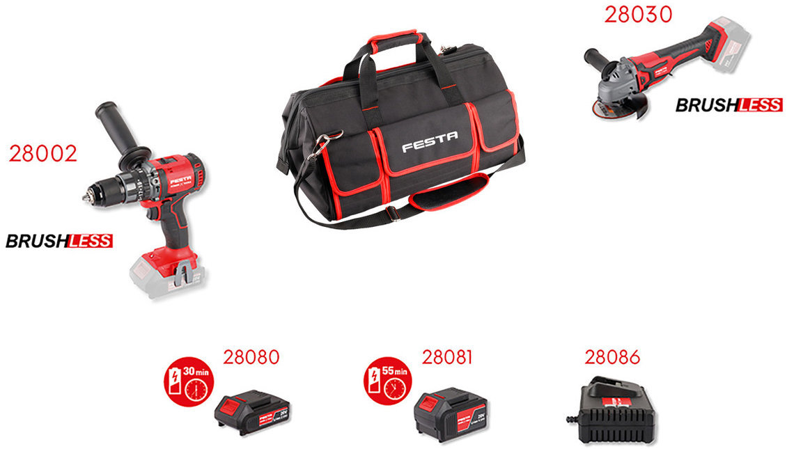 FESTA Sada AKU náradia SHARE20V – 2× Brushless stroje, taška, nabíjačka 28103 (1× 2 Ah + 1× 4 Ah)