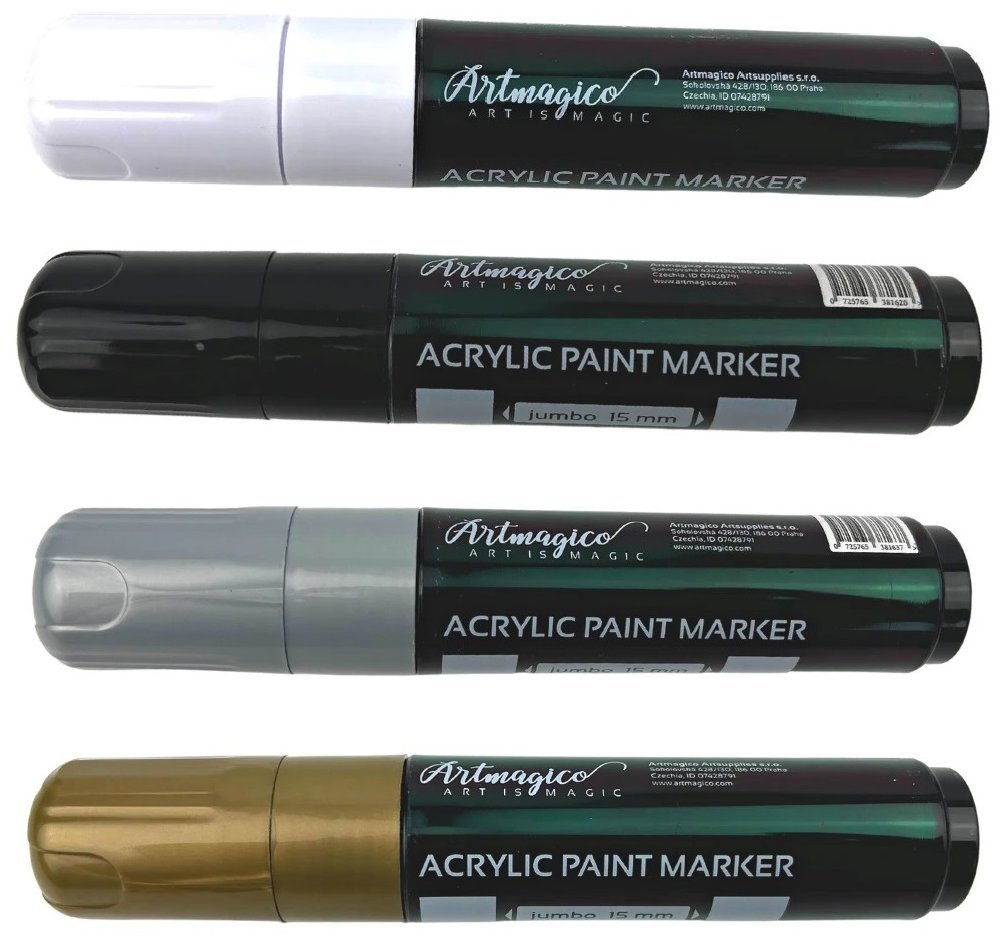 Artmagico akrylový popisovač Jumbo 15 mm, 4 ks, čierny, biely, zlatý, strieborný