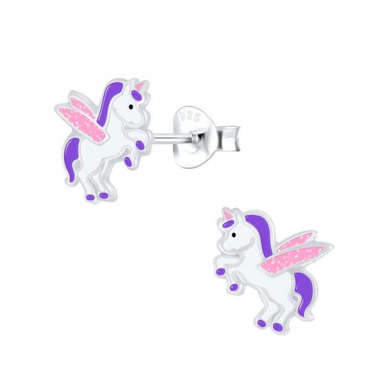 Flor de Cristal Detské strieborné náušnice s okrídleným jednorožcom (Ag925/1000)