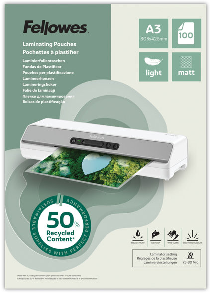 Fellowes A3/160 z recyklovaného materiálu (50%), matné - balení 100 ks