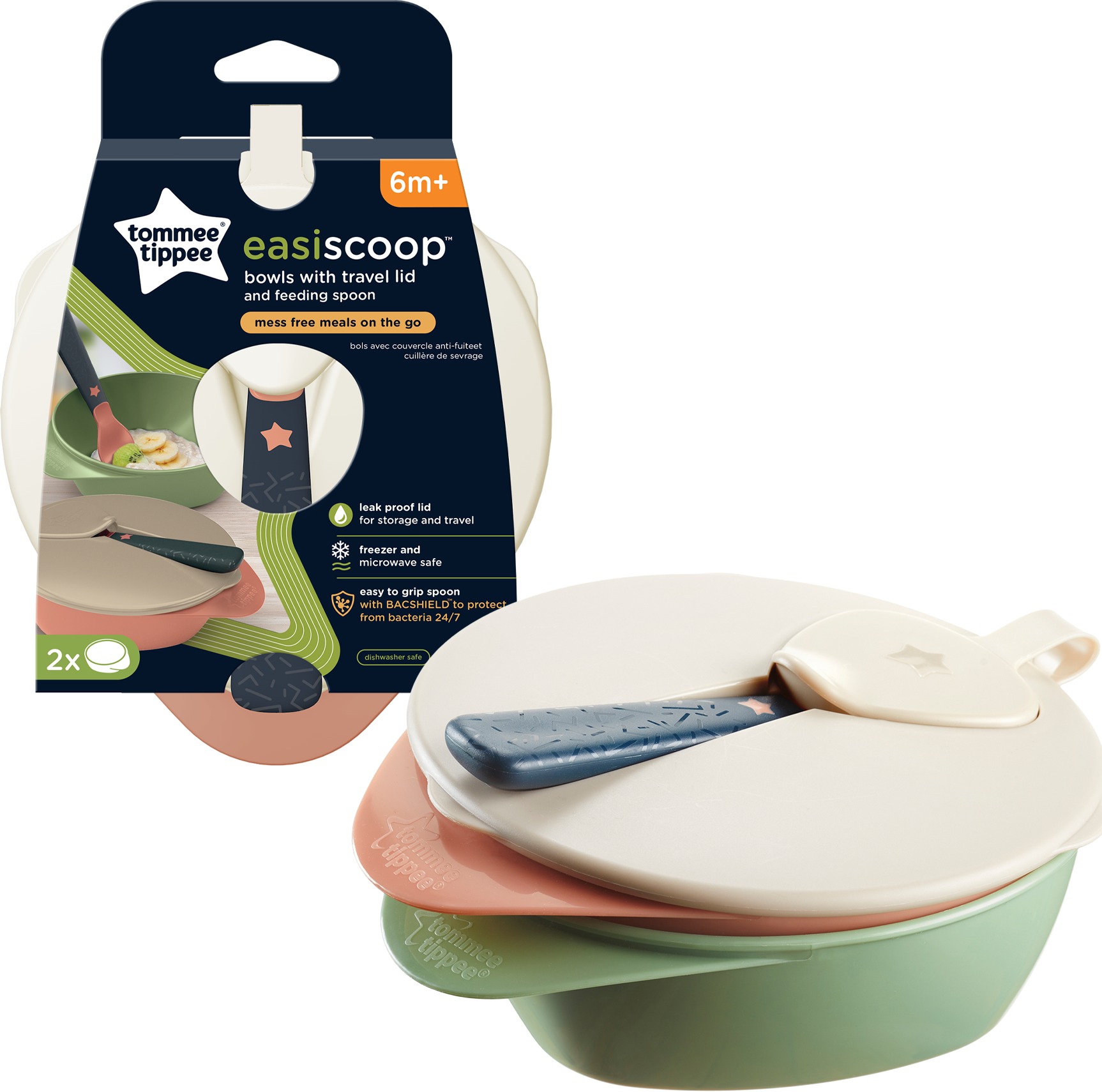 Tommee Tippee Easy Scoop misky na jednoduché naberanie s viečkom a lyžičkou 6 mes,+, 2 ks