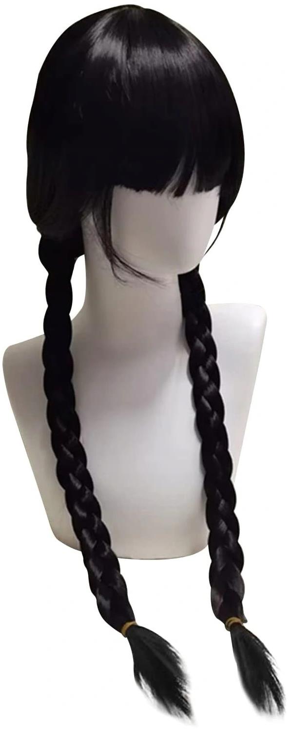 FunCo Wednesday čierna parochňa s vrkočmi 65 cm