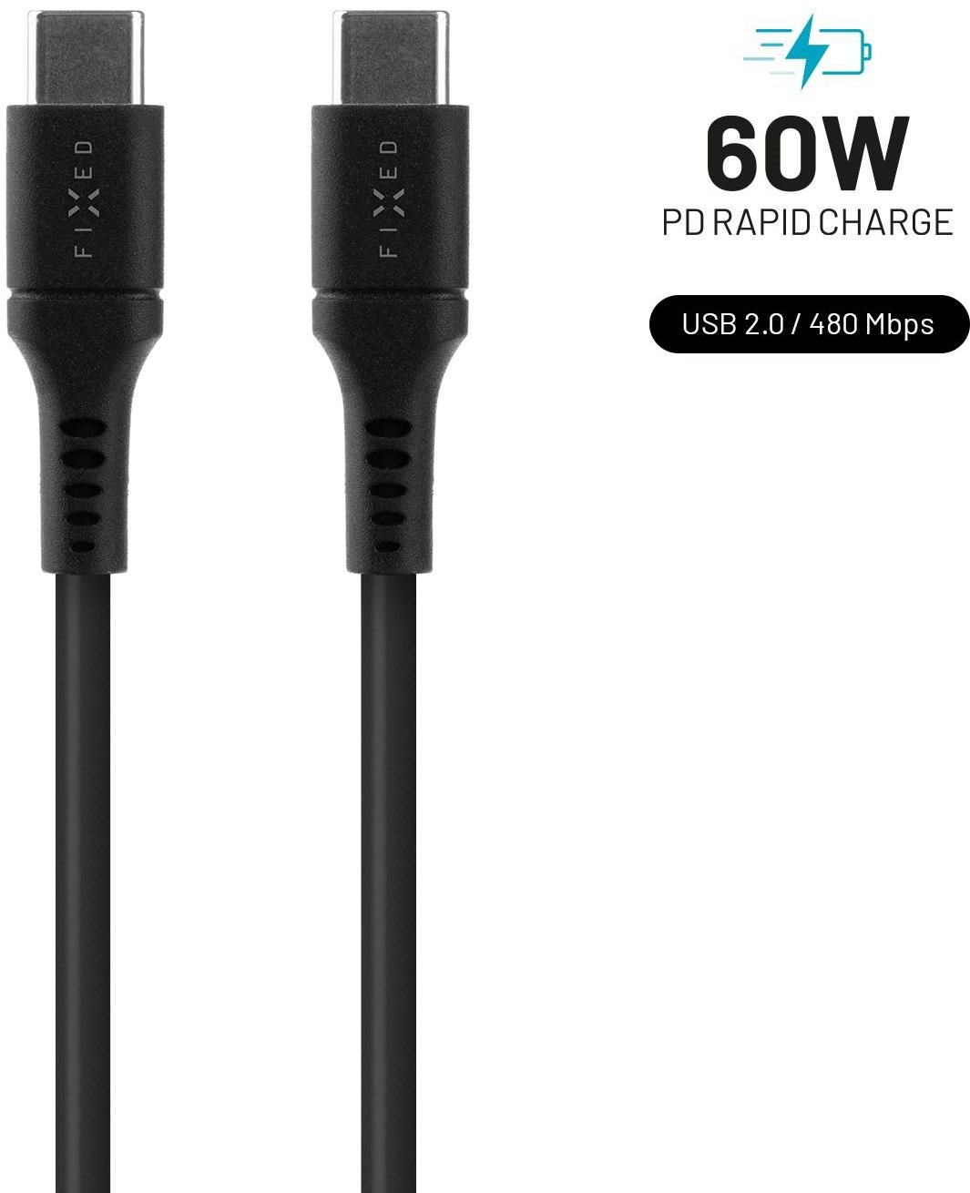 FIXED Cable USB-C/USB-C a podporou PD 2 m USB 2.0 60 W Liquid silicone čierny