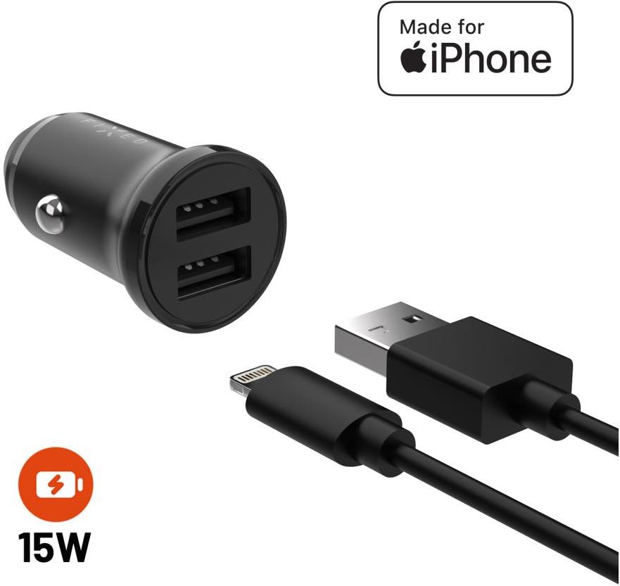 FIXED s 2× USB výstupom a USB/Lightning káblom 1 meter MFi certifikácia 15 W Smart Rapid Charge čierna