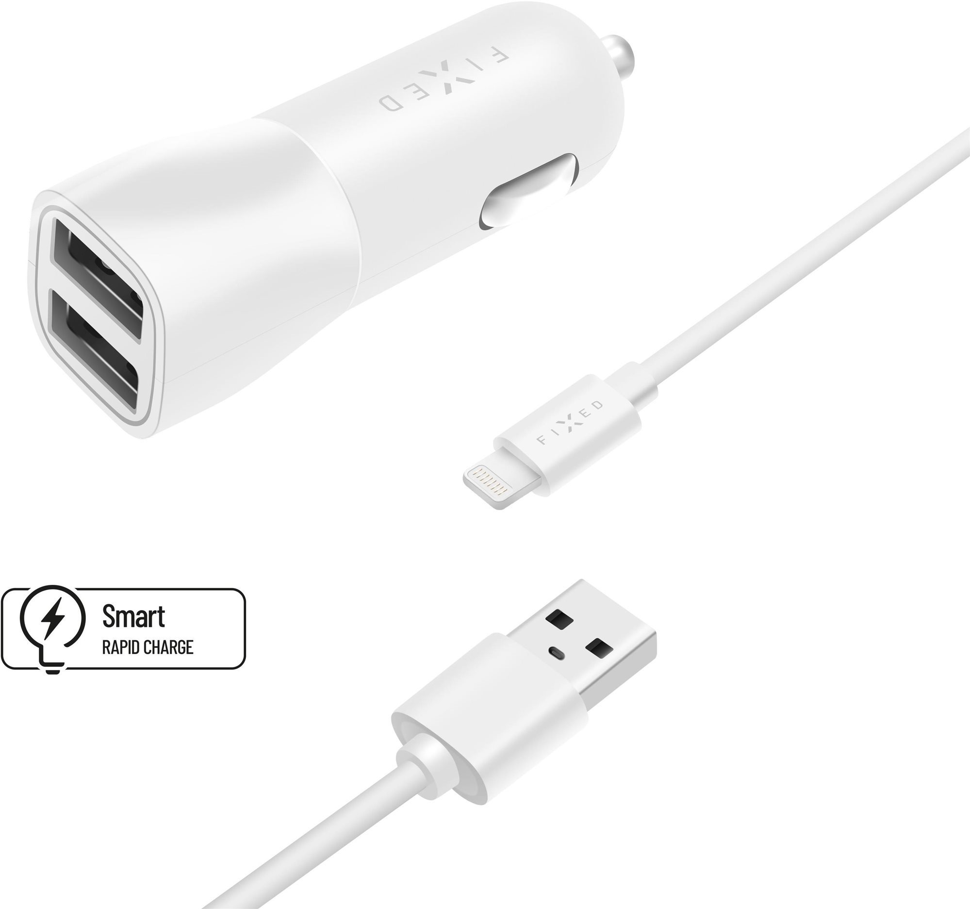 FIXED Smart Rapid Charge 15 W s 2× USB výstupom a USB/Lightning káblom MFI certifikácia biela