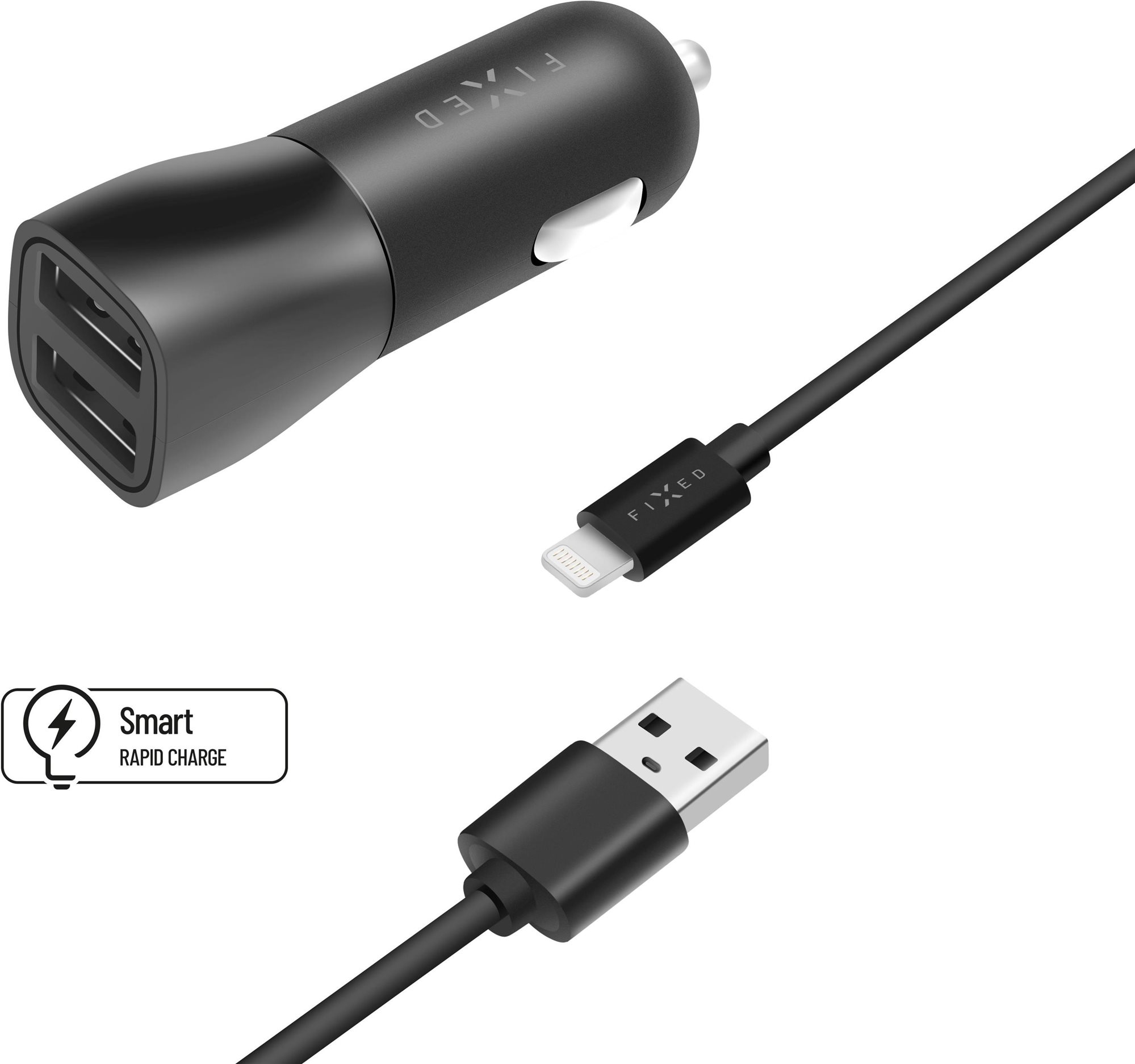 FIXED s 2× USB výstupom a USB/Lightning kábel 1 meter MFI certifikácia 15 W Smart Rapid Charge čierna