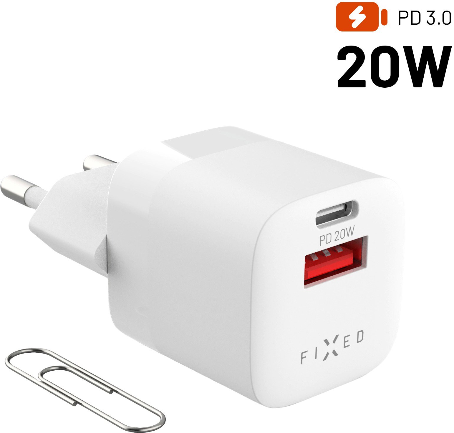 FIXED PD Rapid Charge Mini s USB-C a USB výstupom podpora PD a QC 3.0 20 W biela