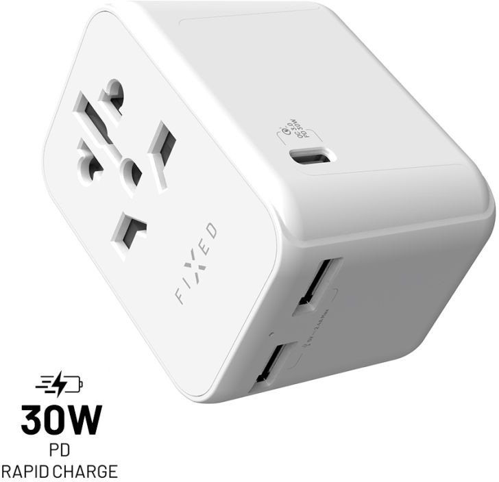FIXED Voyage Travel GaN Adaptér EÚ UK USA/AUS s 1× USB-C a 2× USB výstupom PD 30 W biely